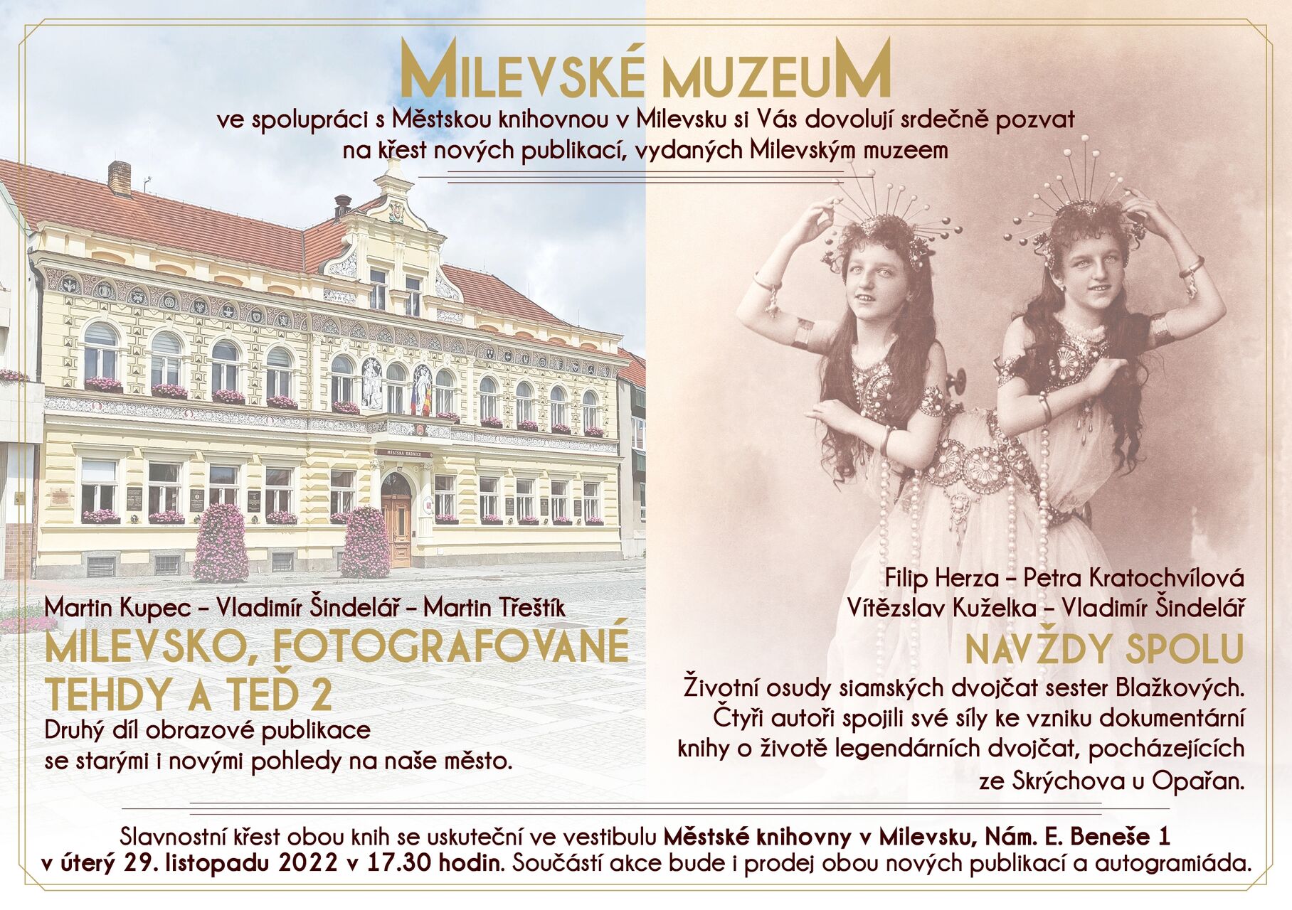 Plakát Křest nových publikací Milevsko fotografované tehdy a teď 2 a Navždy spolu
