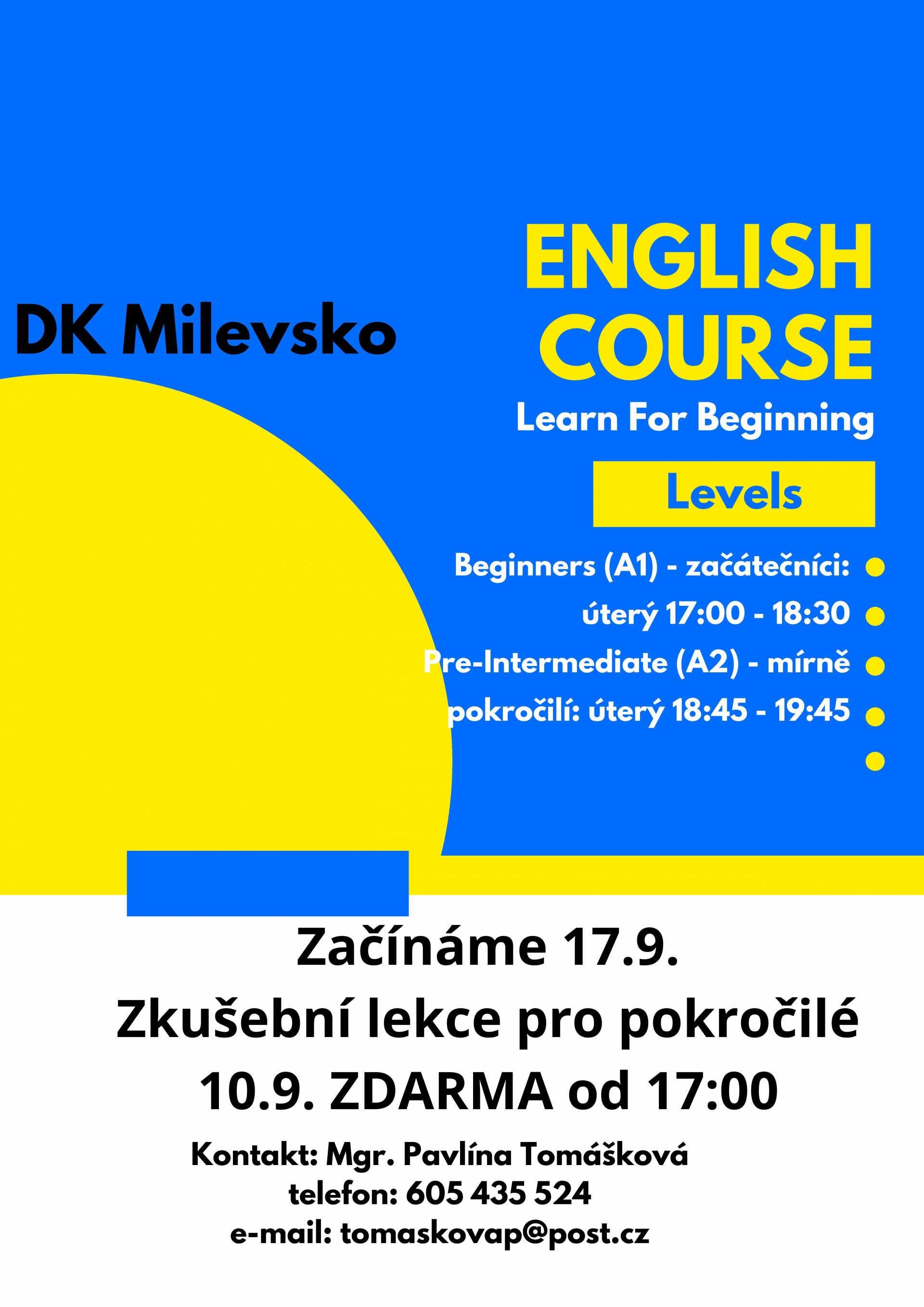 Plakát English course - zahájení kurzu mírně pokročilí