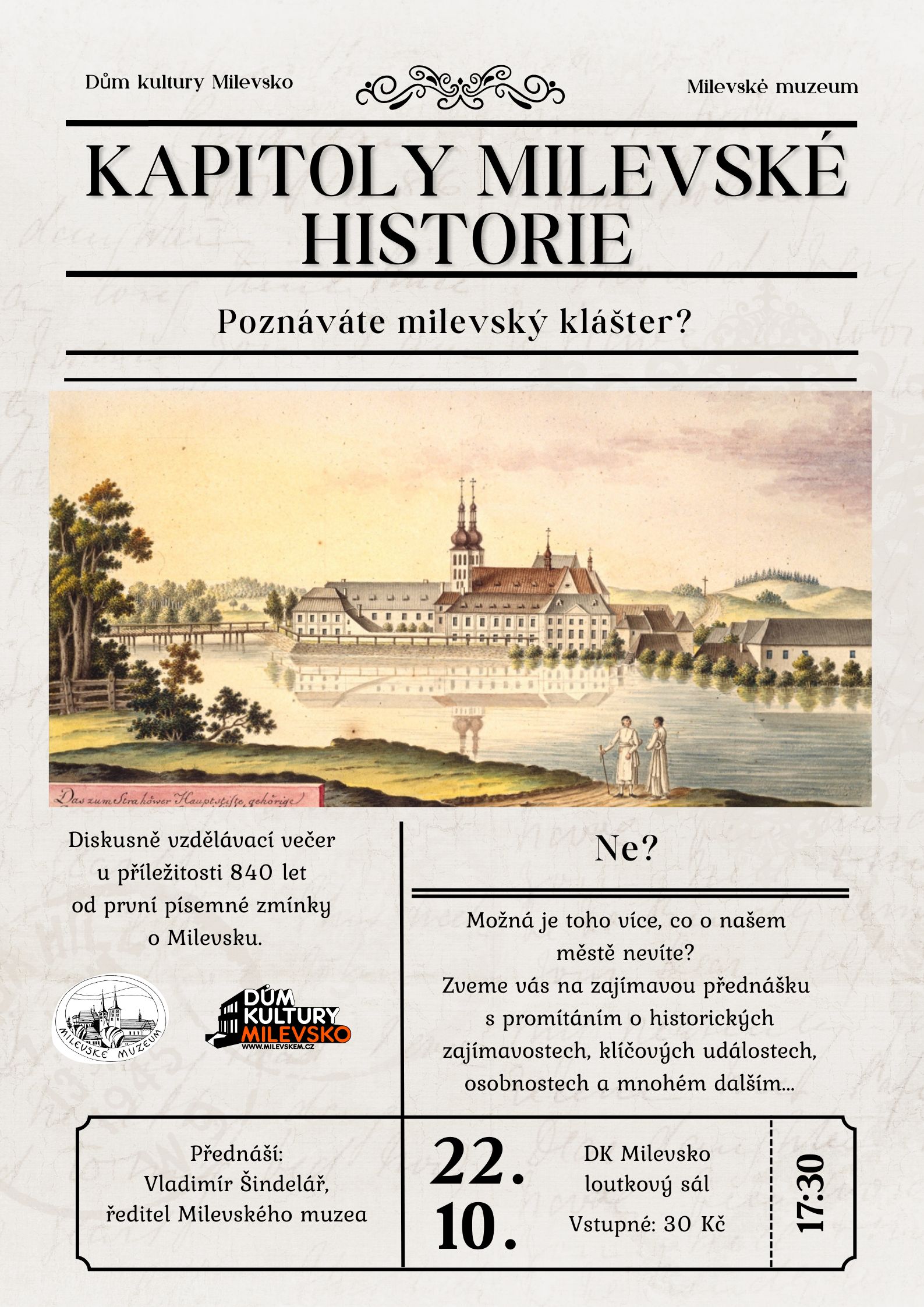 Plakát Diskusně vzdělávací večer - Kapitoly milevské historie