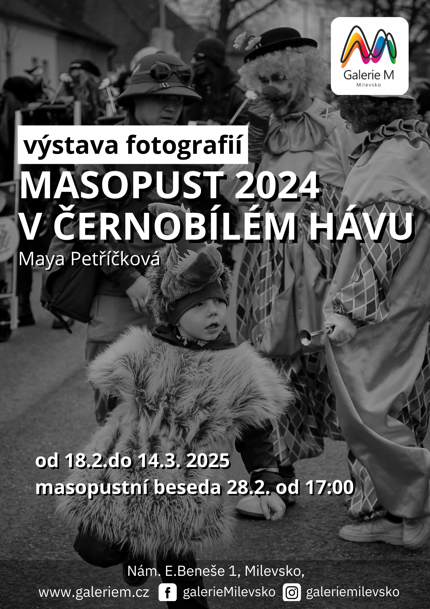 Plakát Masopust 2024 v černobílém hávu